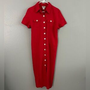 Robbie Bee Petite Sz 12 Red Linen Blend Button Front Collared Maxi Dress Pockets